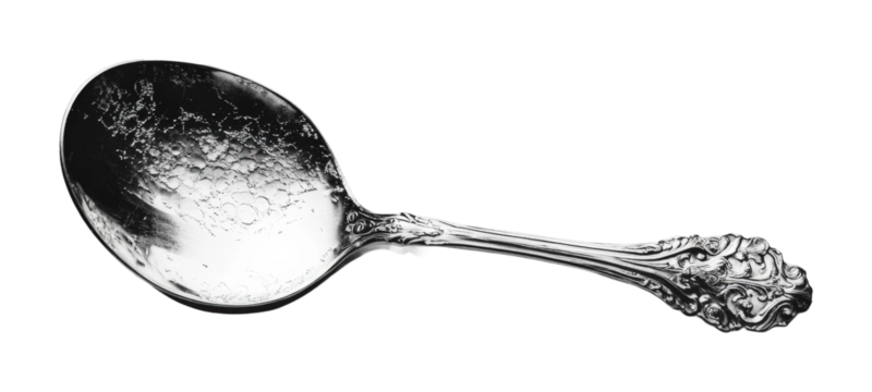 Elegant silver spoon on culinary high fidelity minimalist style close-up view luxurious concept isolated on transparent background png