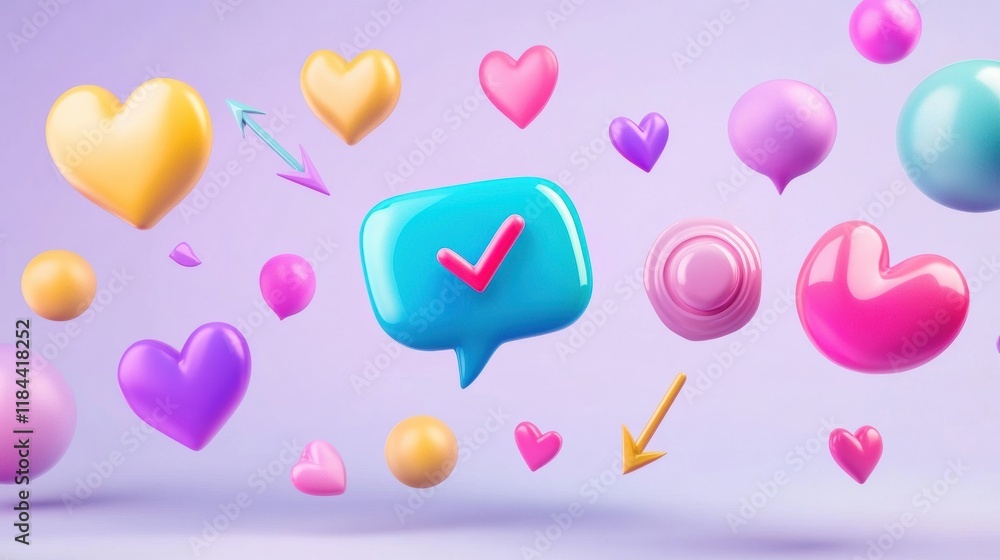 Poster 3d floating chat bubbles, hearts, and arrows creating a playful, colorful digital atmosphere. genera