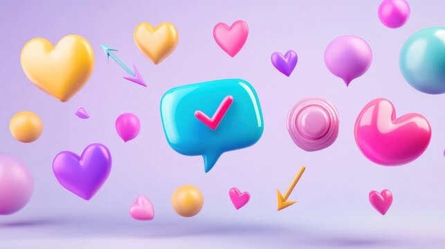 3D floating chat bubbles, hearts, and arrows creating a playful, colorful digital atmosphere. Generative AI