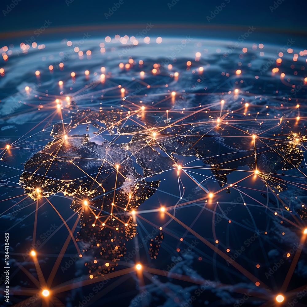 Poster stylized globe with glowing network lines connecting illuminated areas. represents global connectivi