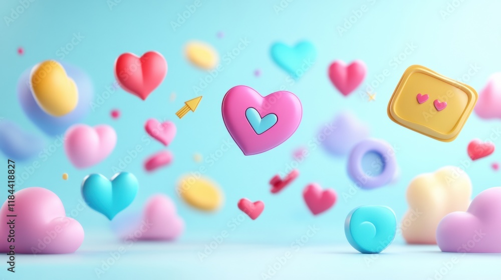 Poster colorful floating 3d chat bubbles and hearts create a whimsical atmosphere in a playful digital spac