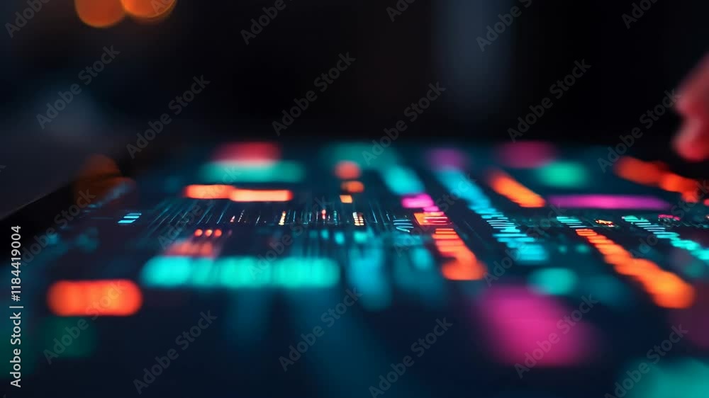 Poster a close-up view captures a person's hand manipulating a vibrant, interactive interface filled with c
