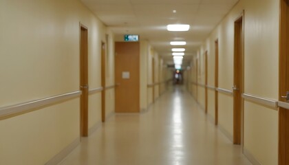An empty hospital hallway,An indistinct view of a hospital surgery corridor, emphasizing the clean lines and modern architecture.,57