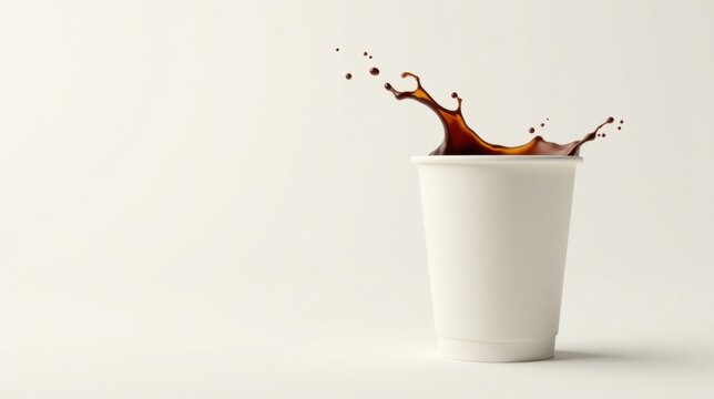 A splash of dark coffee into a plain white disposable cup