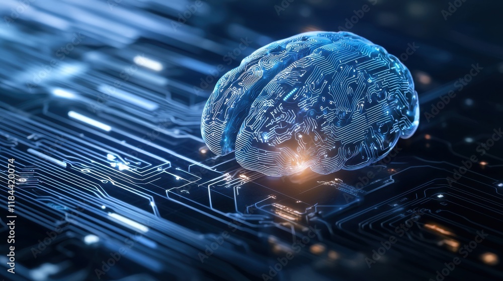 Poster illuminated brain concept on digital network background