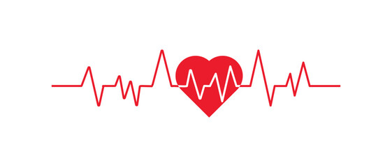 Heartbeat line or pulse rate wave icon. One line  heart and pulse rate wave vector in red color.  Heart beat icon with cardiogram line wave on white background. Vector illustration.
