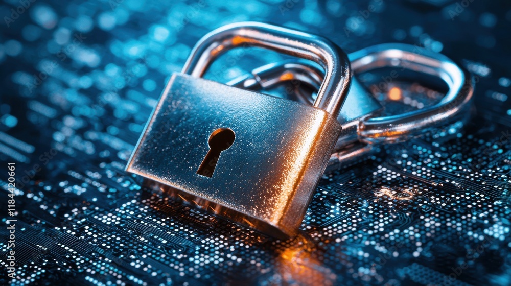 Poster locked digital asset secured by cyber security with padlock and keyhole on abstract binary backgroun