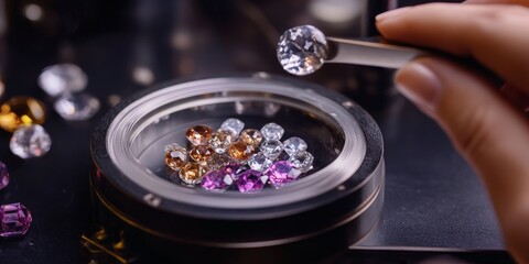 Specialist weighs gems using a jewelry scale in this close up workflow. The jewelry scale provides precise measurements as the specialist focuses on weighing each gem accurately.