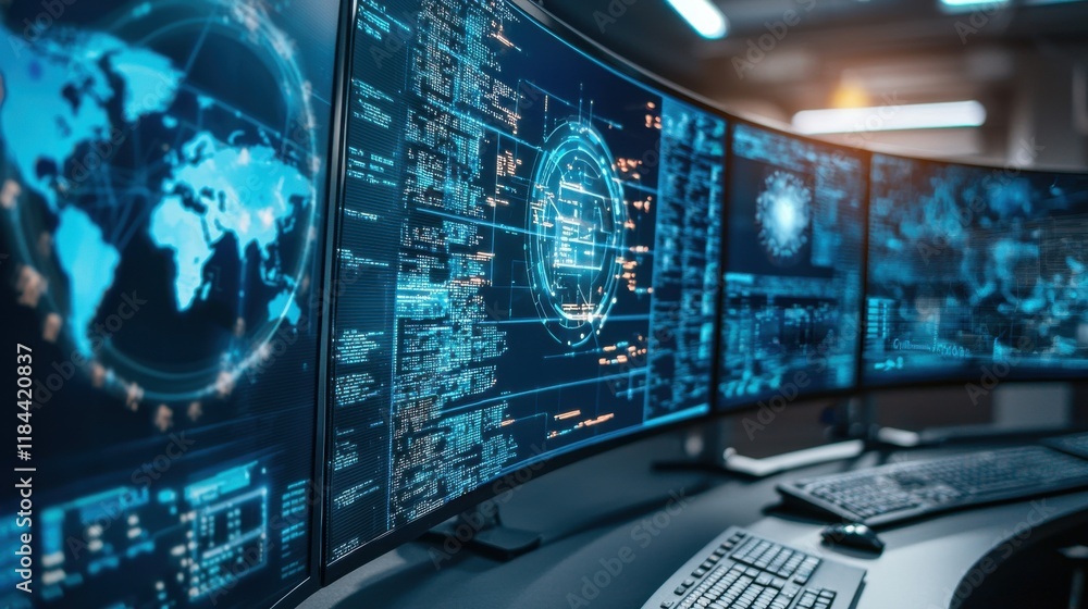 Poster futuristic digital dashboard and global data visualization for business analytics and investment mon
