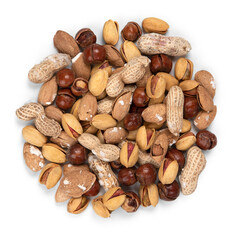 A circular arrangement of pistachios, peanuts in shells, almonds in shells, and hazelnuts in shells on a clean white background. Perfect for snacks, organic food, or natural product concepts.