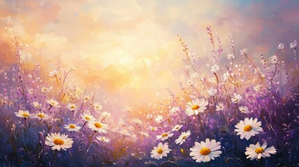 Serene Sunset Meadow Vibrant Daisies and Wildflowers in a Summer Field Painting