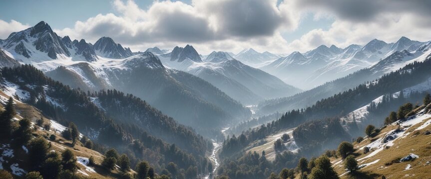 Snowy Peaks of Asturian Mountains with a Misty Forest Valley Below , snowy peaks, forest