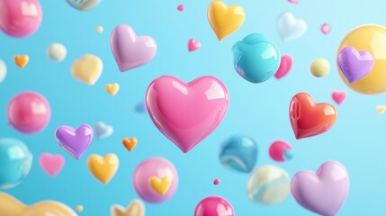 Colorful floating 3D chat bubbles, hearts, and arrows create a vibrant atmosphere of love and communication in a whimsical setting. Generative AI