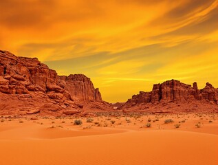 Naklejka premium Fiery Sunset over Dramatic Desert Landscape: Sandstone Cliffs and Orange Sand Dunes