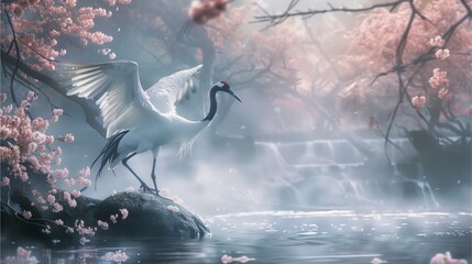 Serene Crane by the Waterfall 