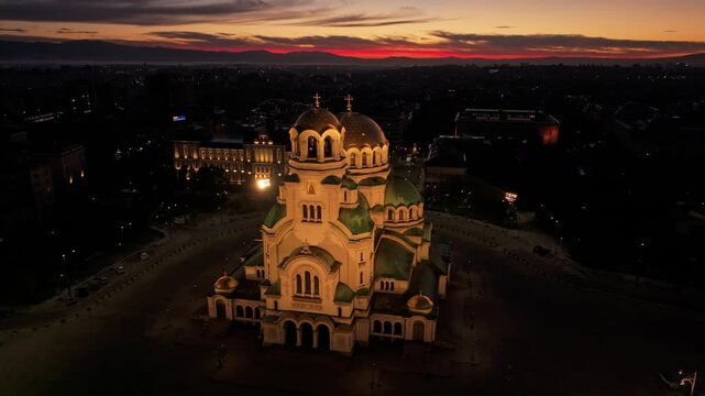 Aerial view of aleksander nevski cathedral at sunrise with beautiful cityscape, sofia, bulgaria.