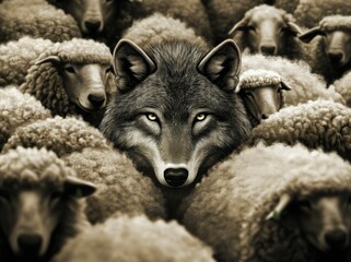 A striking illustration of a wolf camouflaged among sheep.
