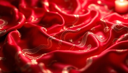 Luxury Red Silk Fabric with Gold Snake Pattern - Elegant Texture Background