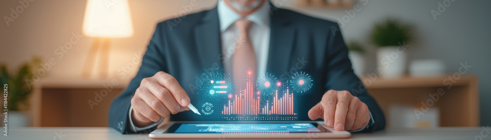 Poster businessman analyzing data on tablet with digital graphs and charts. modern workspace features warm 