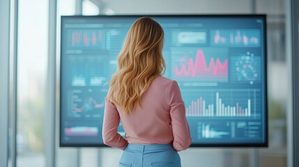 businesswoman analyzing data on large screen in modern office. She is focused on graphs and statistics displayed, showcasing professional environment