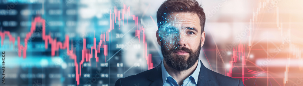 Poster financial analyst using advanced technology to interpret market trends, showcasing blend of human in