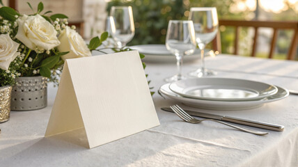 Blank card on wedding table with white roses