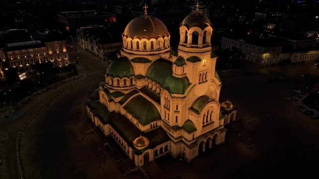 Aerial view of aleksander nevski cathedral at sunrise, sofia, bulgaria.