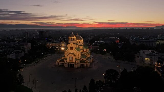 Aerial view of aleksander nevski cathedral at sunrise with beautiful skyline, sofia, bulgaria.