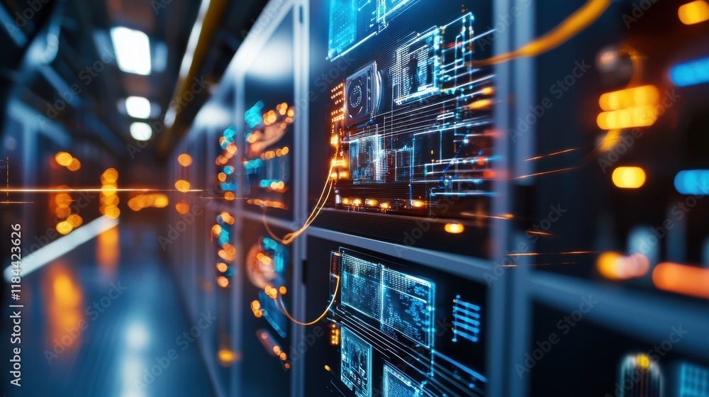 Poster complex digital network of servers and cables in a high tech data center
