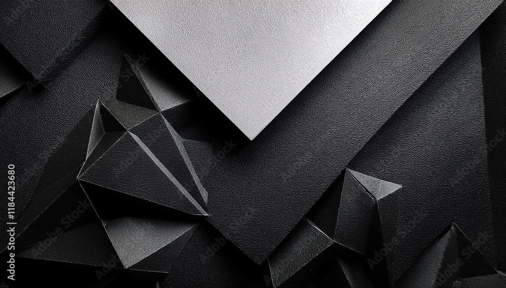 Poster intricate arrangement of black and gray geometric shapes creating a striking abstract design