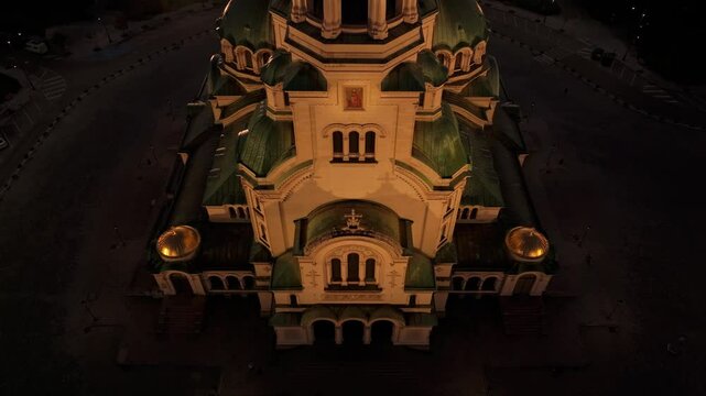 Aerial view of illuminated Aleksander Nevski Cathedral at sunrise, Sofia, Bulgaria.