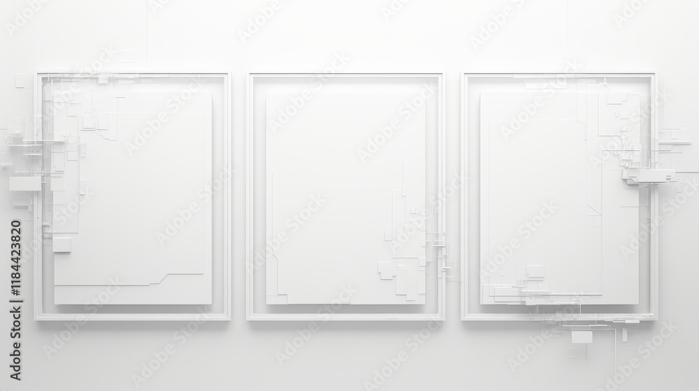 Poster minimalist white frames arranged symmetrically on a pristine white wall, creating a serene and moder
