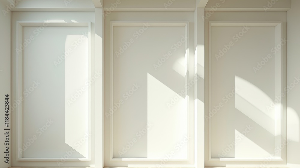 Poster white frames aligned on a pristine wall, creating a minimalist display, emphasizing simplicity and e