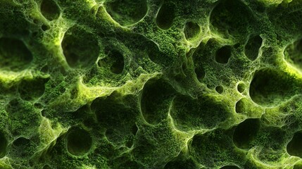 A close-up view of textured green material featuring irregular holes, resembling organic or cellular structures.