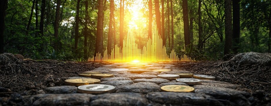 Families Setting Goals for Investments and Long-Term Savings in the New Year, a macro view of coins and a glowing investment chart blending into a serene natural backdrop