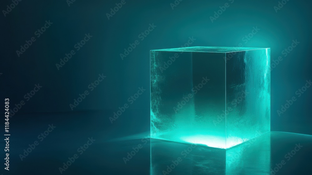 Poster illuminated ice cube in blue ambient light creating a futuristic atmosphere