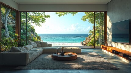 Fototapeta premium Luxurious beachfront living room with ocean view. (1)