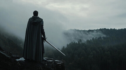 A knight stands at the edge of a cliff overlooking a turbulent sea. The wind blows fiercely, and his sword is held firmly at his side. His face remains hidden under his helm, conveying a sense of unwa