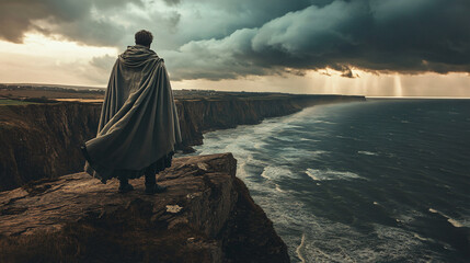 A knight stands at the edge of a cliff overlooking a turbulent sea. The wind blows fiercely, and his sword is held firmly at his side. His face remains hidden under his helm, conveying a sense of unwa