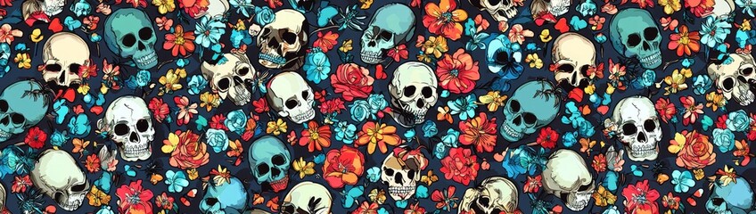 Cheerful ditsy print showcasing colorful skulls intertwined with floral motifs.