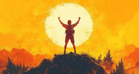 A man is standing on a mountain top, with a large sun in the background. Generative AI