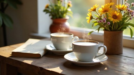 Obraz premium Morning serenity Two steaming cups of coffee on a wooden table, sunlight streaming through a window, and a bouquet of yellow flowers.