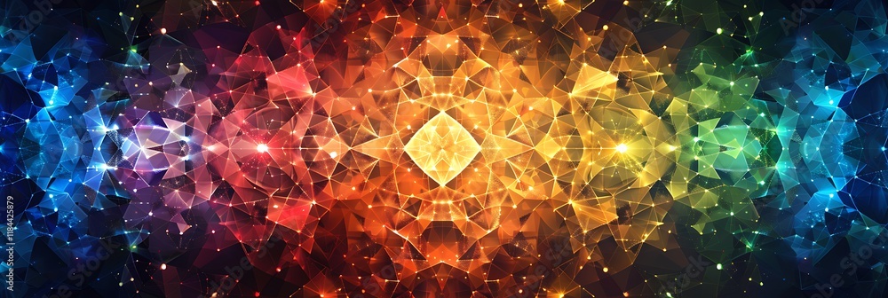 Poster vibrant symmetrical abstract pattern featuring rainbow spectrum colors on a dark background. digital