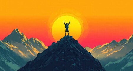 A man is standing on a mountain top, with a large sun in the background. Generative AI
