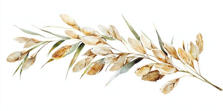 oat grains, oats isolated watercolor painting, realistic cereal plant, seeds. Agriculture harvesting wholegrain product