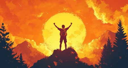 Obraz premium A man is standing on a mountain top, with a large orange sun in the background. Generative AI