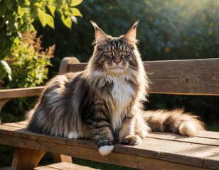 Obraz premium Majestic Maine Coon Cat Relaxing on Wooden Bench in Sunlight