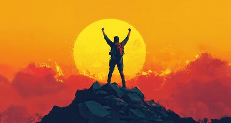 Obraz premium A man is standing on a mountain top, holding his arms up in the air. Generative AI