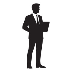 Businessman with a laptop in hand silhouette vector illustration