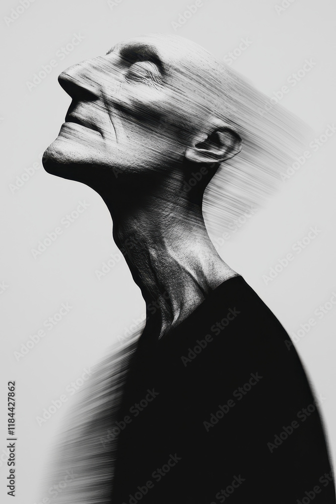 Poster exploring introspection: abstract portrait capturing emotional depth and dynamic movement in monochr